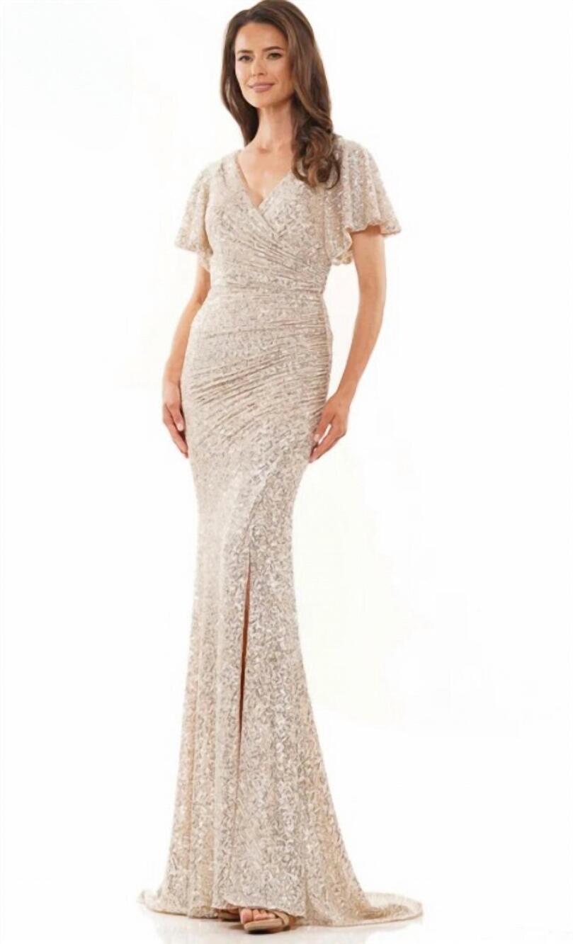 NEW COLORS DRESS sequin fit and flare v-neck gown in champagne